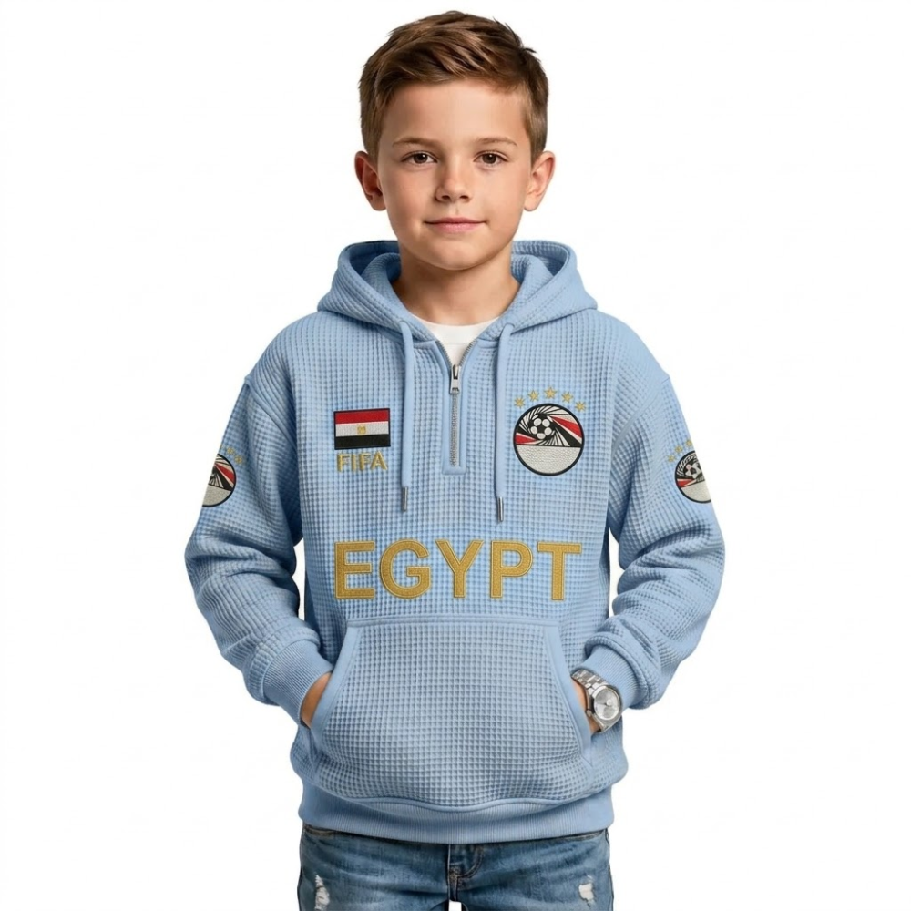FIFA 2026 Egypt Printed Waffle Quarter Zip Kids Football Fan Hoodie