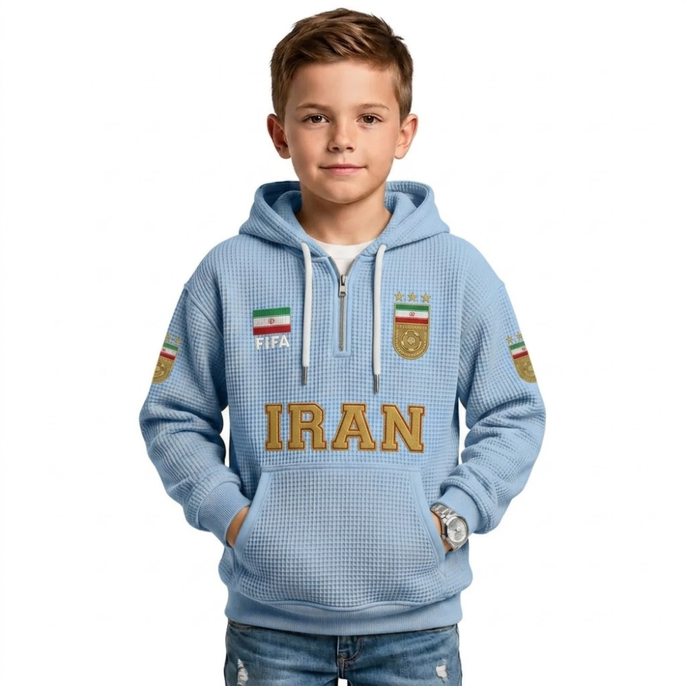 FIFA 2026 Iran Printed Waffle Quarter Zip Kids Football Fan Hoodie