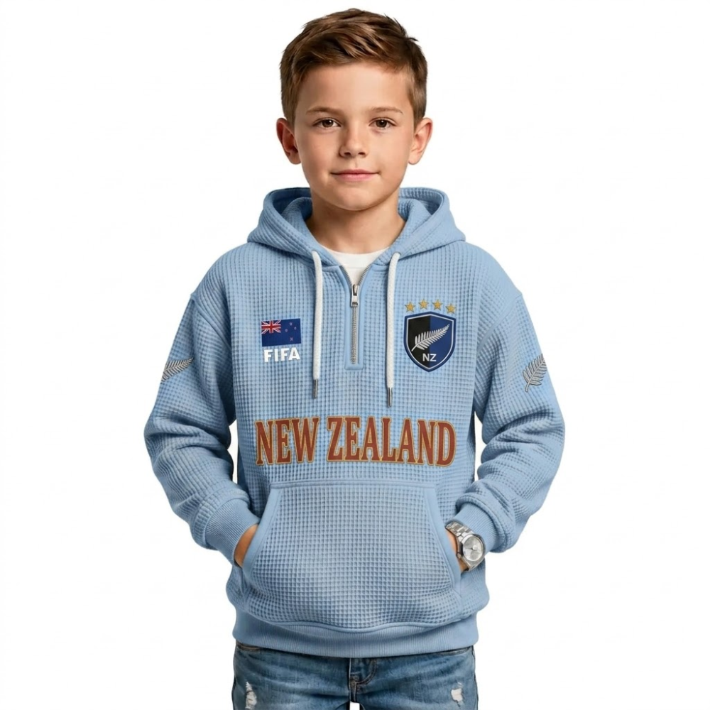 FIFA 2026 New Zealand Printed Waffle Quarter Zip Kids Football Fan Hoodie