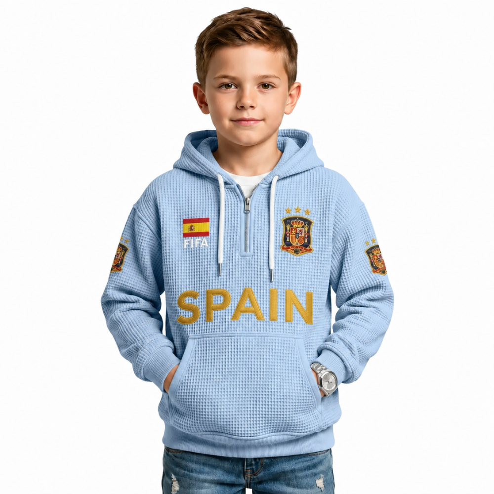 FIFA 2026 Spain Printed Waffle Quarter Zip Kids Football Fan Hoodie