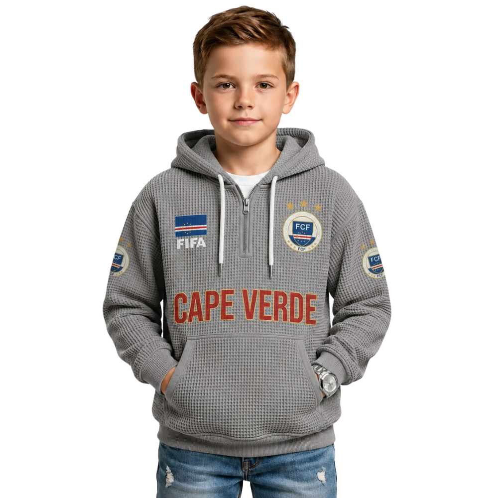 FIFA 2026 Cape Verde Printed Waffle Quarter Zip Kids Football Fan Hoodie