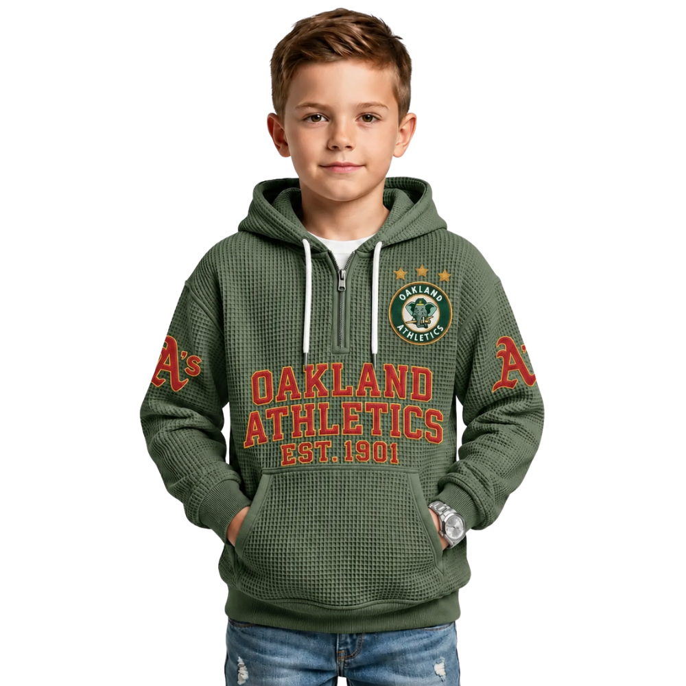 Oakland Athletics EST 1901 Kids Baseball Fan Printed Waffle Quarter Zip Hoodie