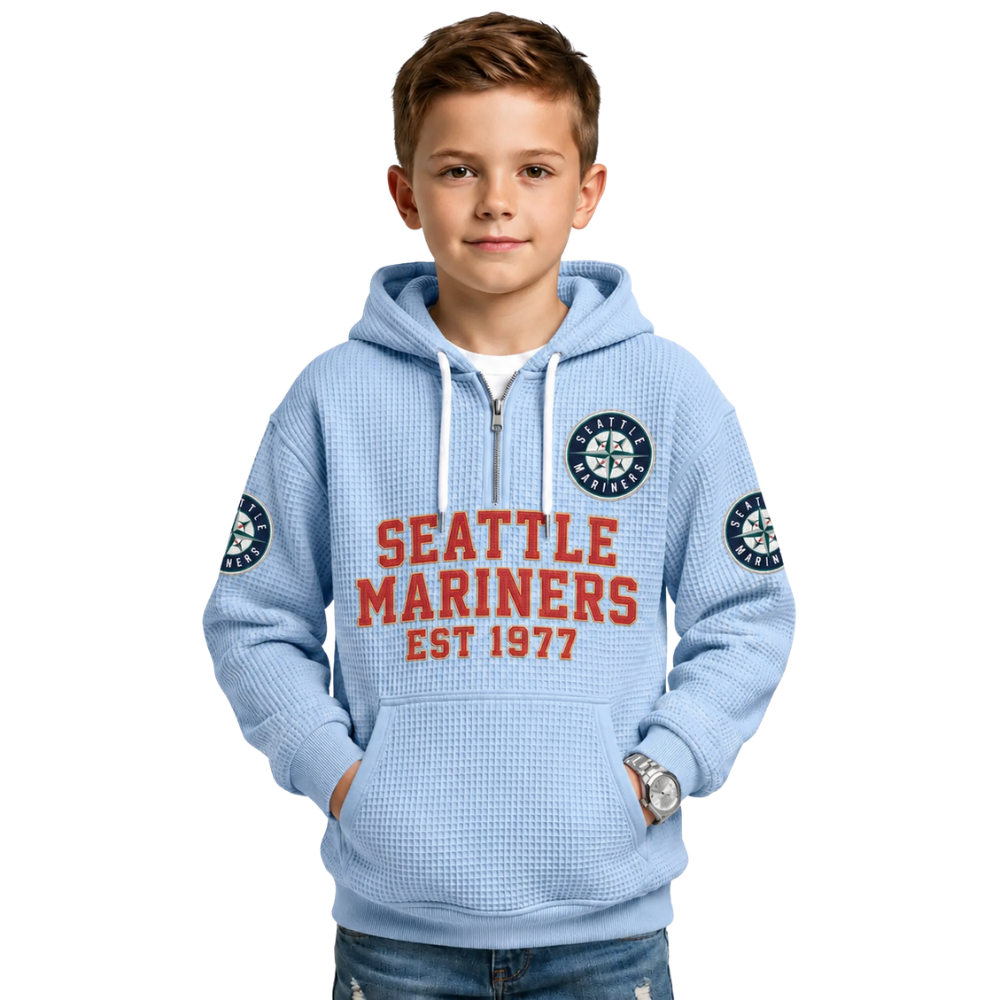 Seattle Mariners EST 1977 Kids Baseball Fan Printed Waffle Quarter Zip Hoodie