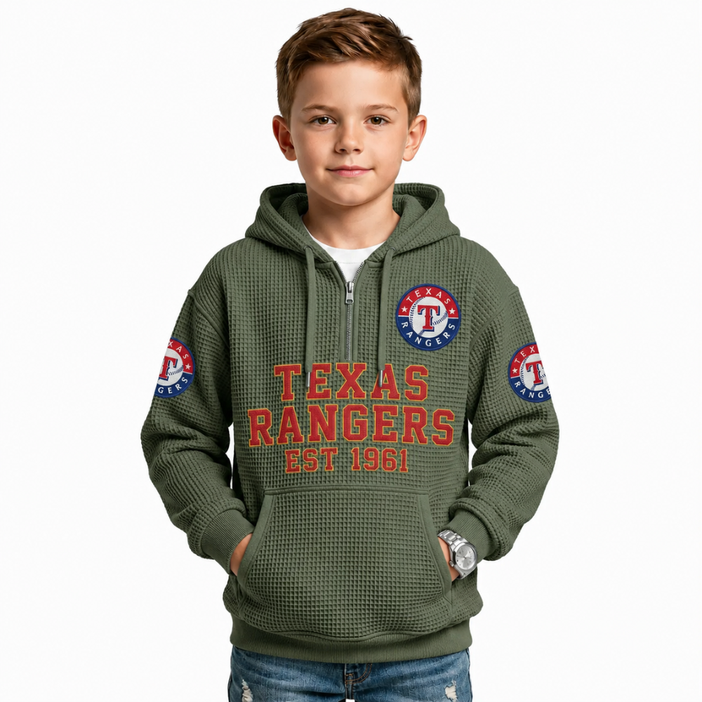 Texas Rangers EST 1961 Kids Baseball Fan Printed Waffle Quarter Zip Hoodie