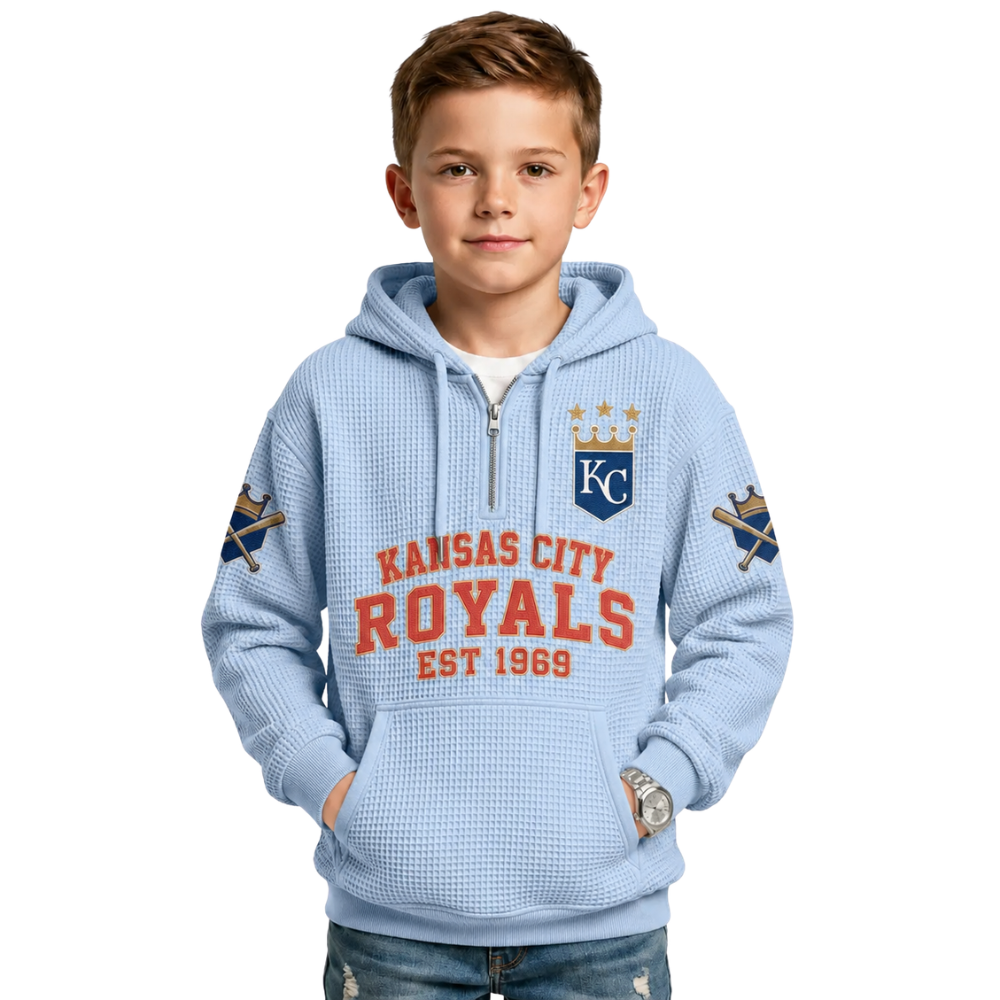 Kansas City Royals EST 1969 Kids Baseball Fan Printed Waffle Quarter Zip Hoodie