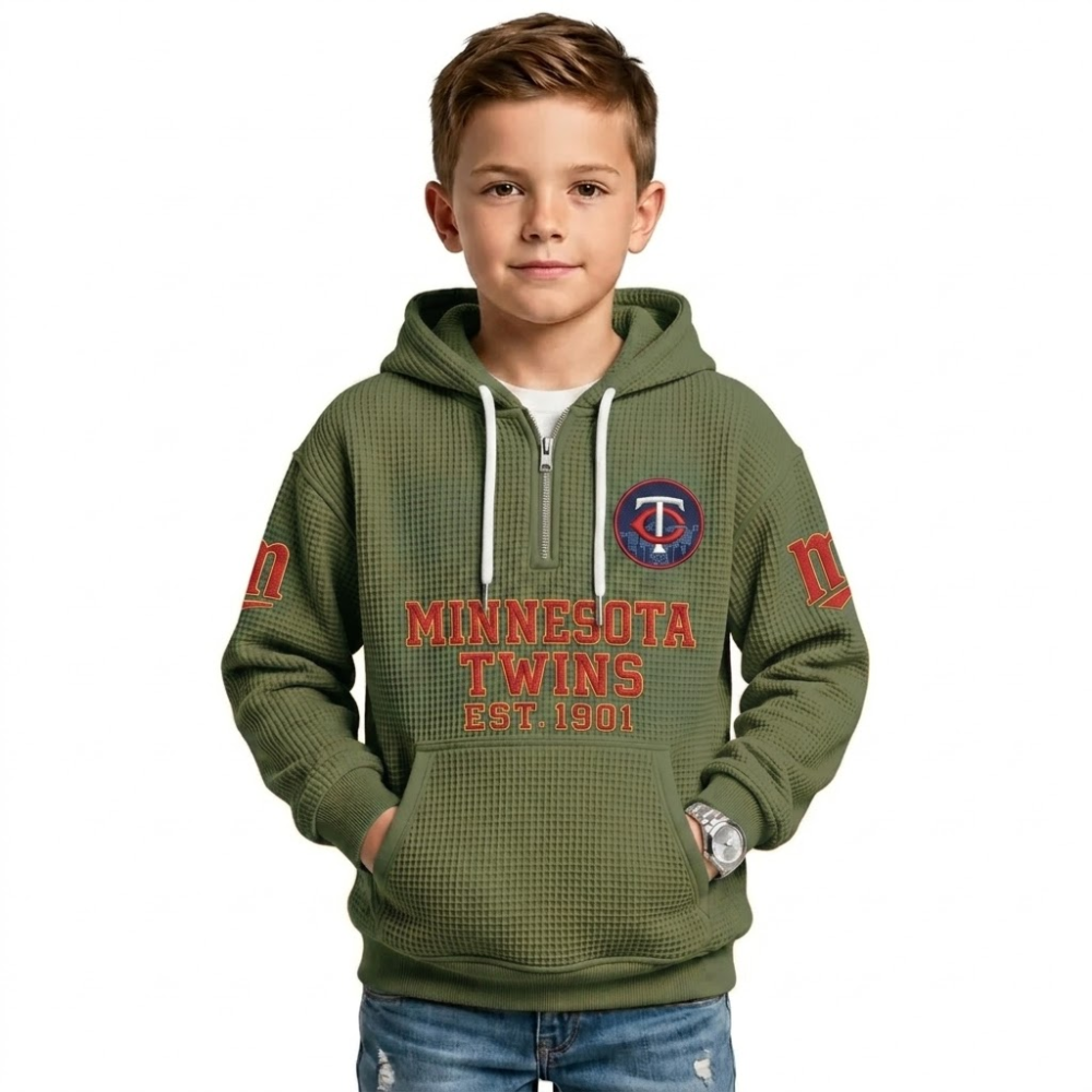 Minnesota Twins EST 1901 Kids Baseball Fan Printed Waffle Quarter Zip Hoodie