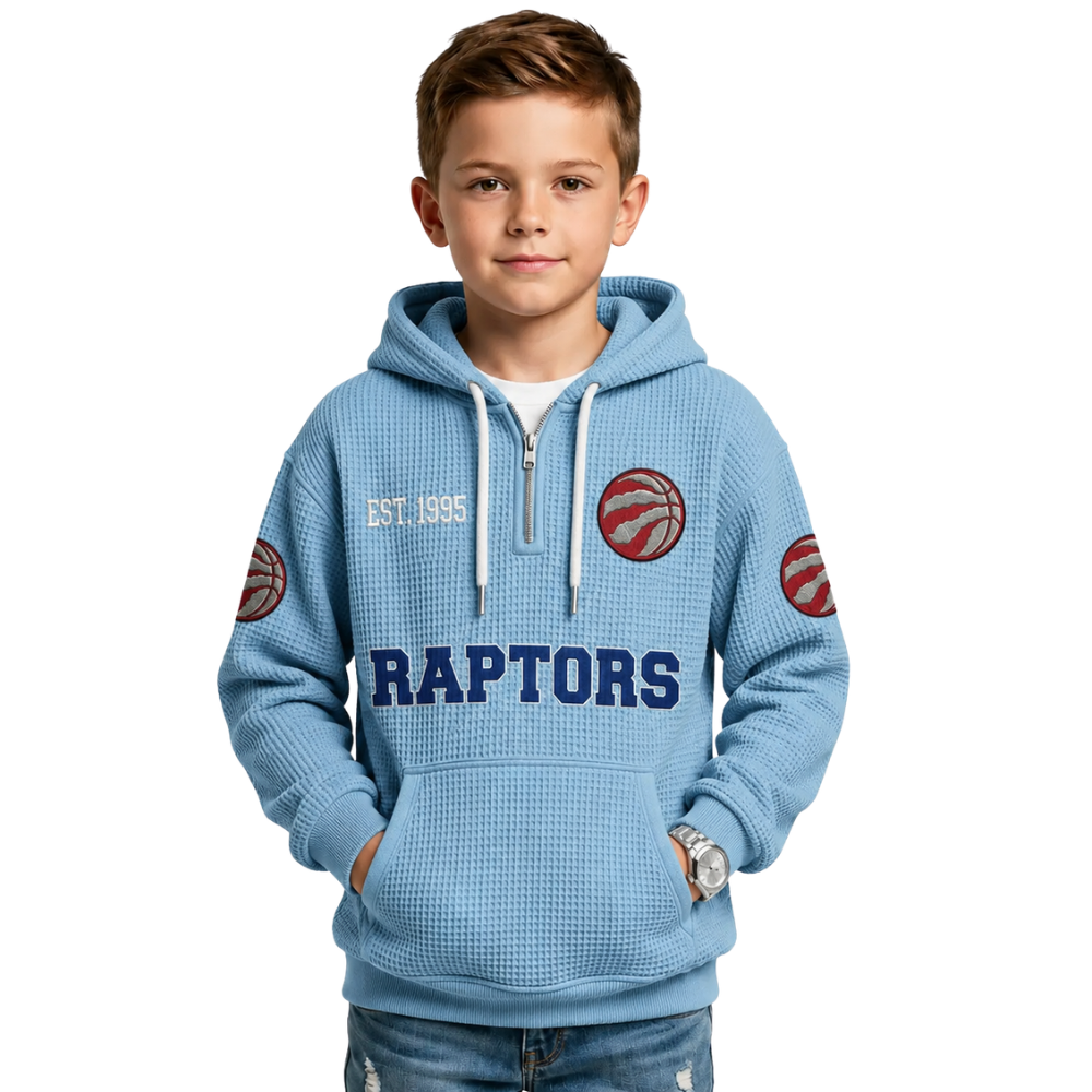 Toronto Raptors EST 1995 Kids Baseball Fan Printed Waffle Quarter Zip Hoodie