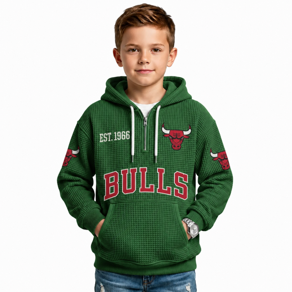 Chicago Bulls EST 1966 Kids Baseball Fan Printed Waffle Quarter Zip Hoodie