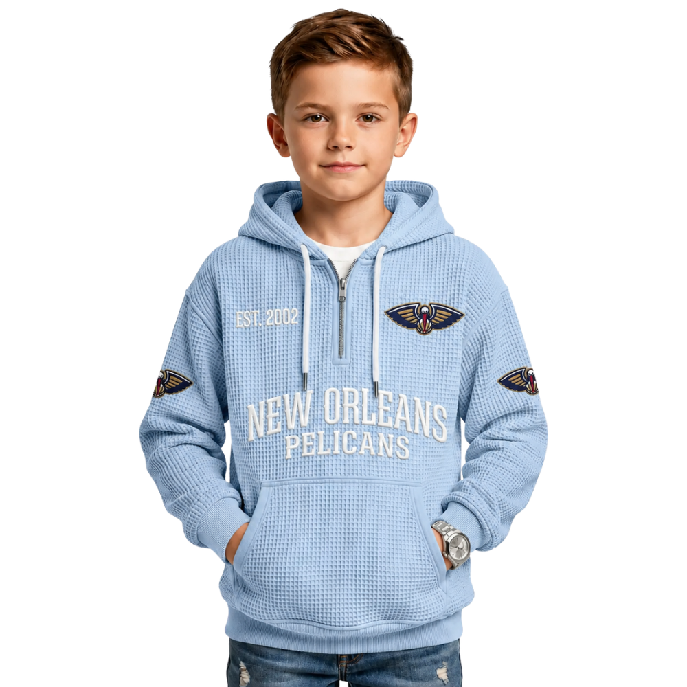 New Orleans Pelicans EST 2002 Kids Baseball Fan Printed Waffle Quarter Zip Hoodie