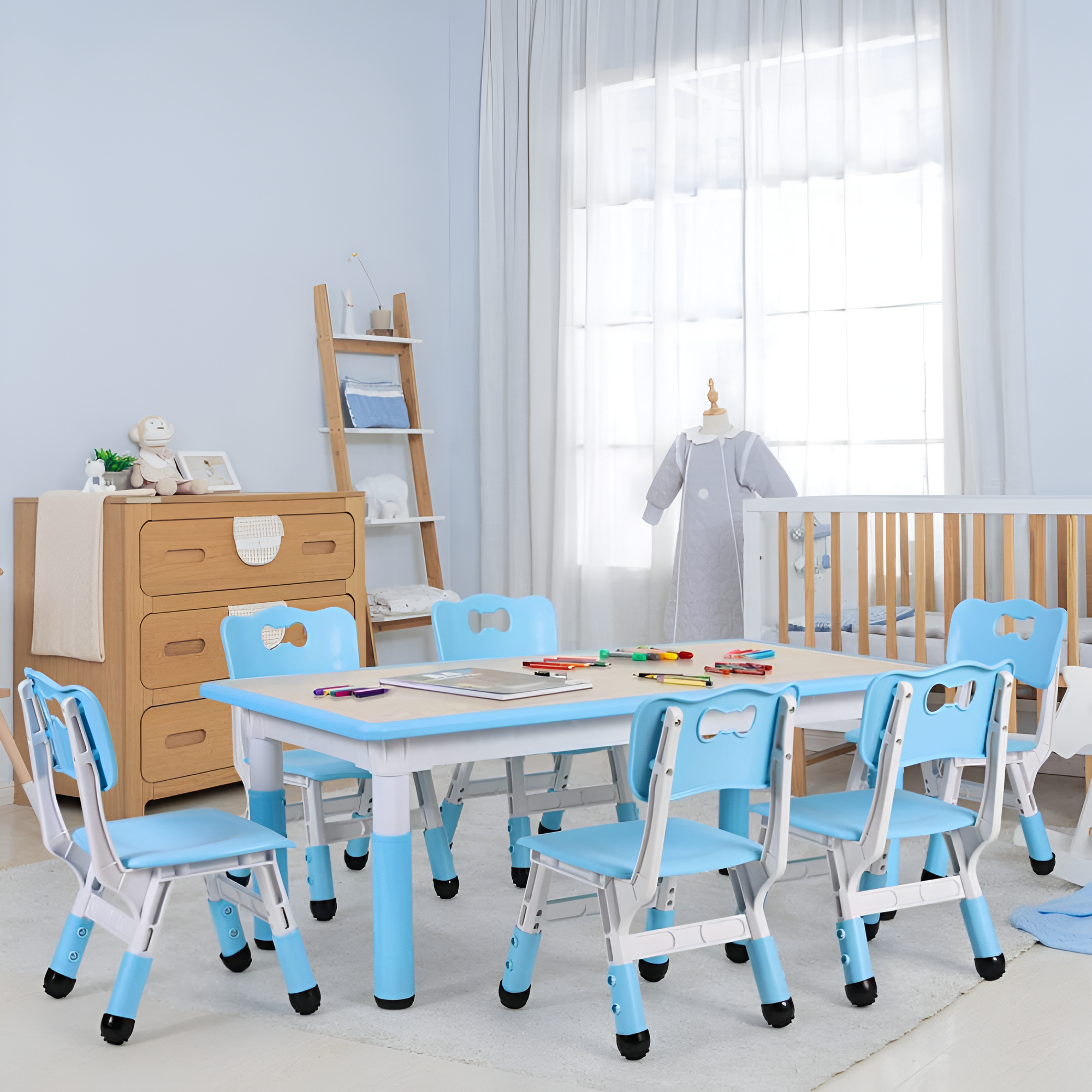 Kids Adjustable Table And 6 Chairs Set