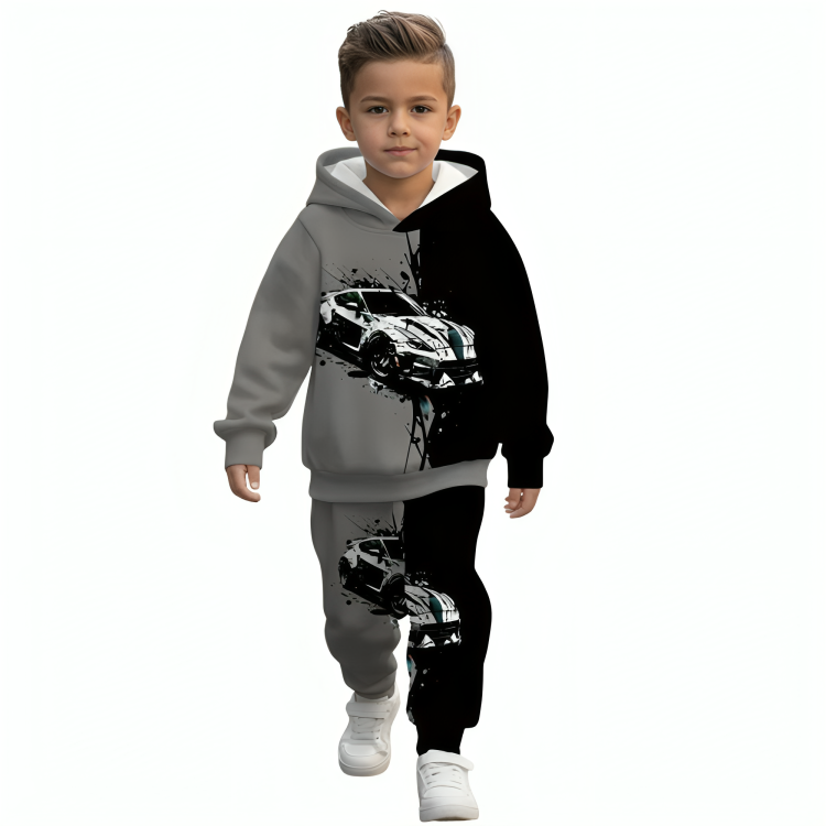 Boys Hoodie And Pants Set With Car Print Design