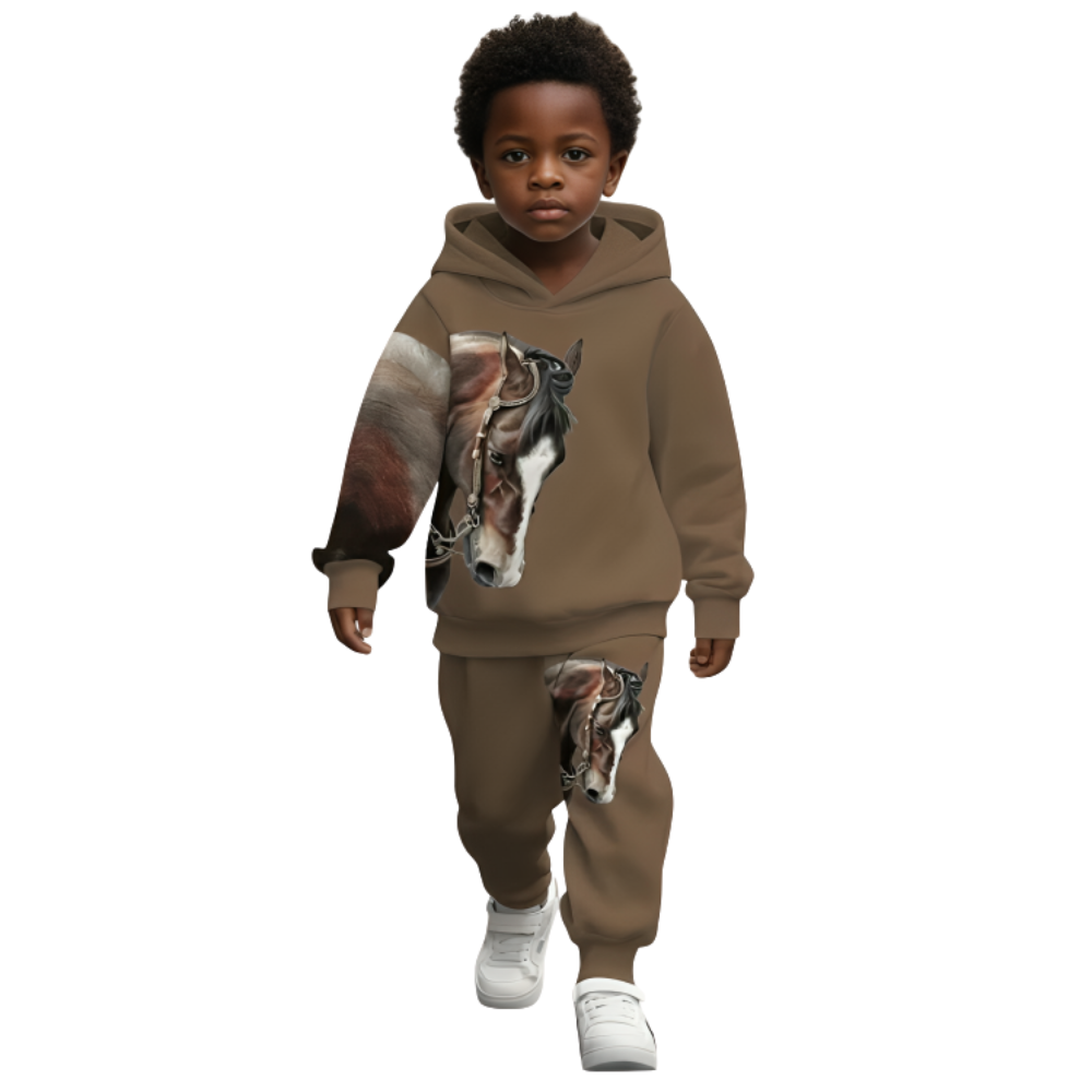 Boys Hoodie And Pants Set With Horse Print