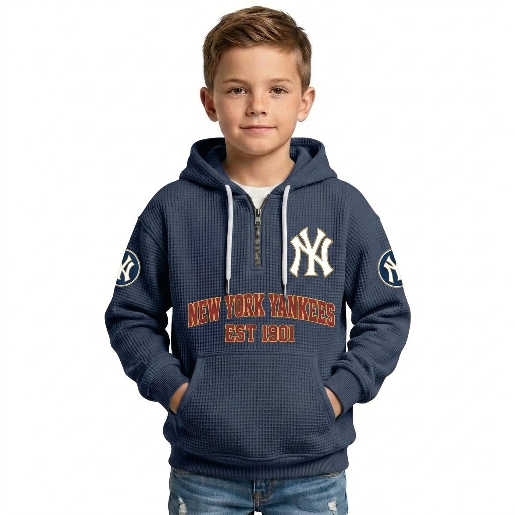 New York Yankees EST 1901 Kids Baseball Fan Printed Waffle Quarter Zip Hoodie