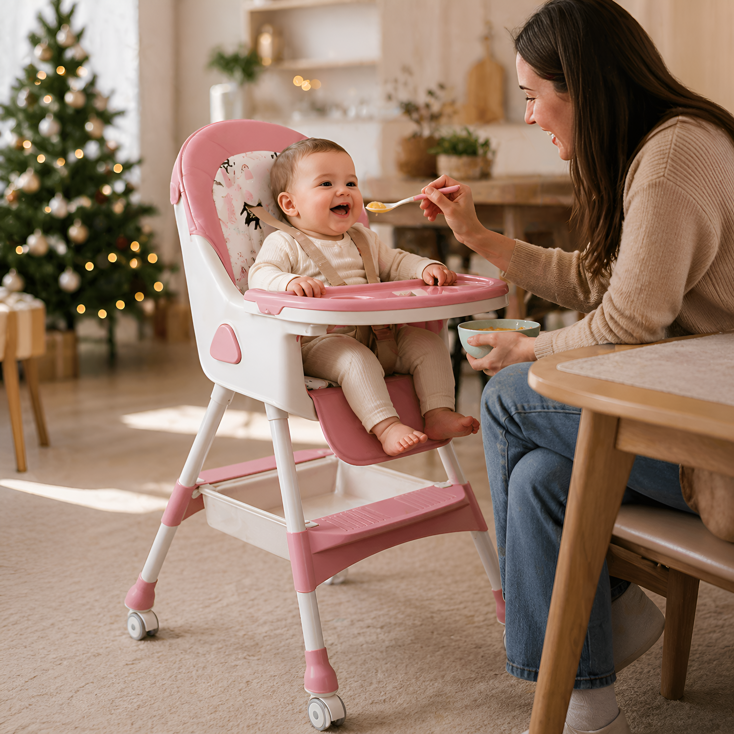 Kids Foldable Adjustable Recline Footrest High Chair With Double Tray And Locking Wheels Gift
