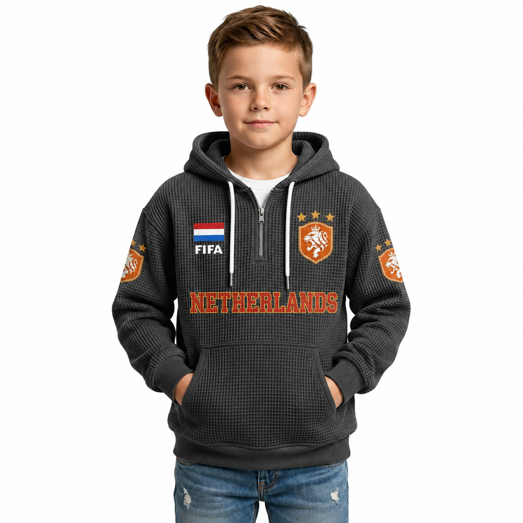 FIFA 2026 Netherlands Printed Waffle Quarter Zip Kids Football Fan Hoodie