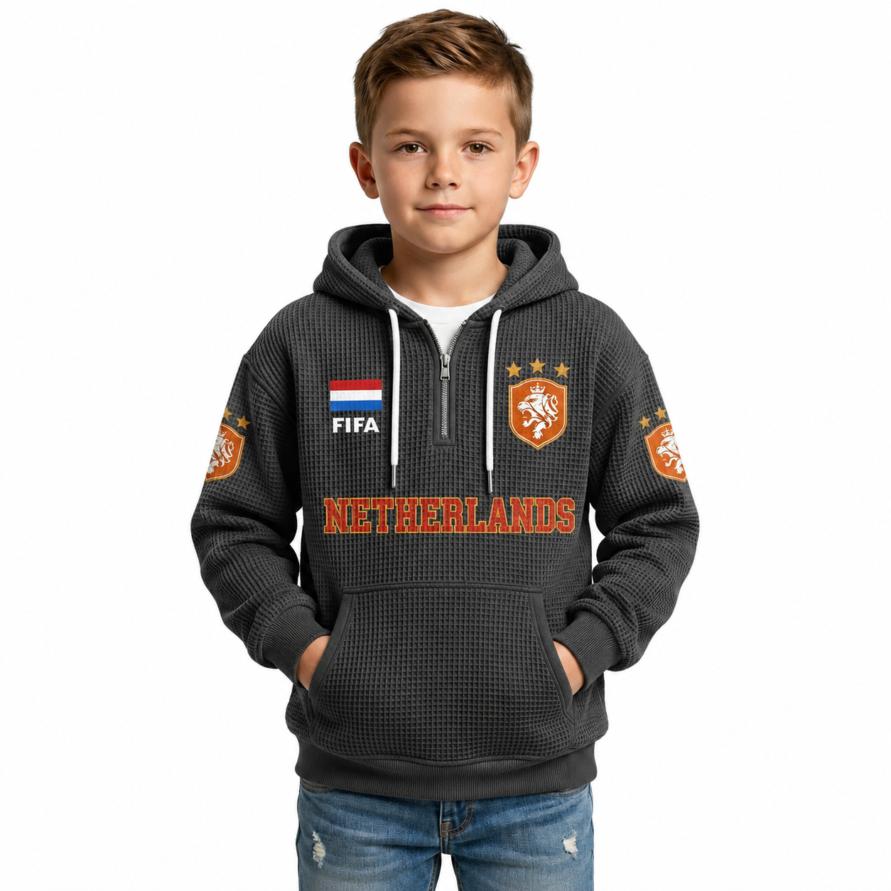 FIFA 2026 Netherlands Printed Waffle Quarter Zip Kids Football Fan Hoodie