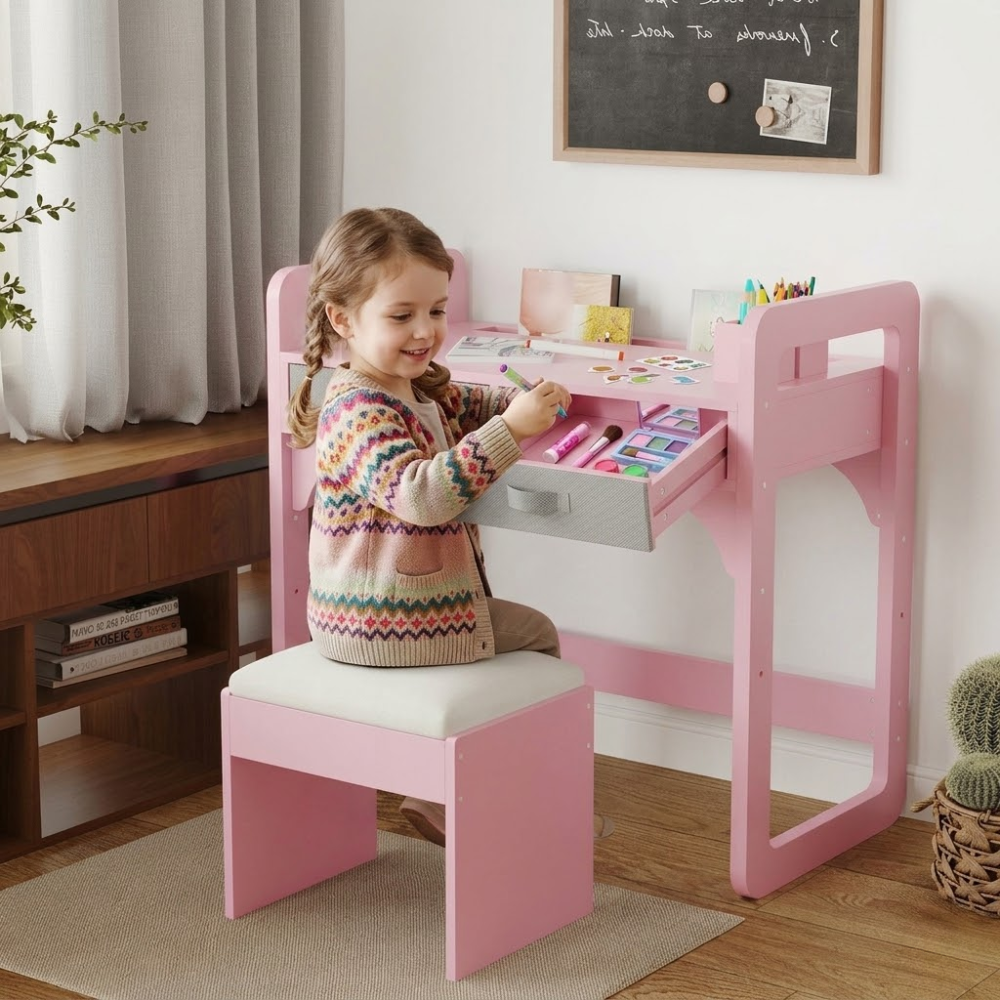 Kids Study Desk And Chair Set With Storage Drawer With Soft Stool