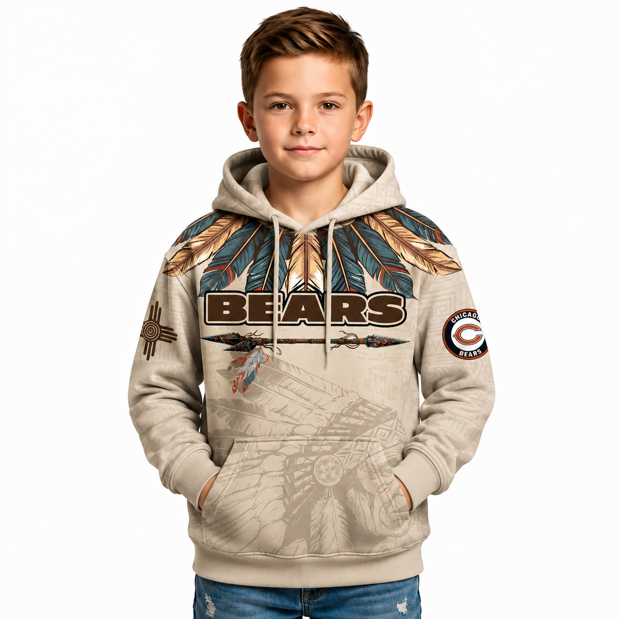 Native Heritage Themed Inspired Chicago Bears Football Fan Pullover Kids Hoodie