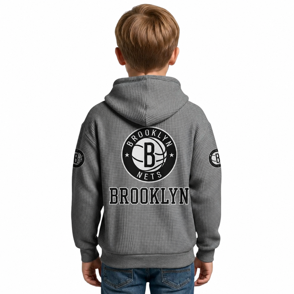 Brooklyn Nets EST 1967 Kids Baseball Fan Printed Waffle Quarter Zip Hoodie