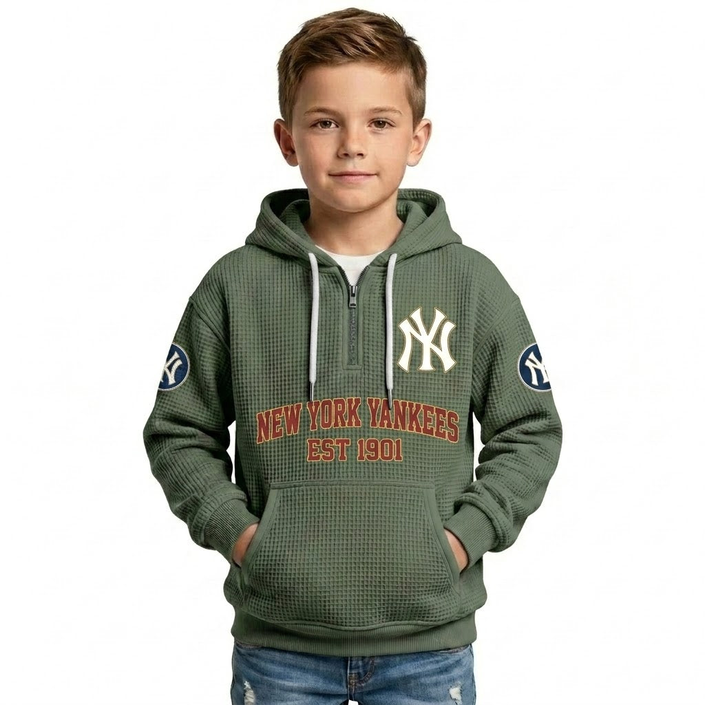 New York Yankees EST 1901 Kids Baseball Fan Printed Waffle Quarter Zip Hoodie