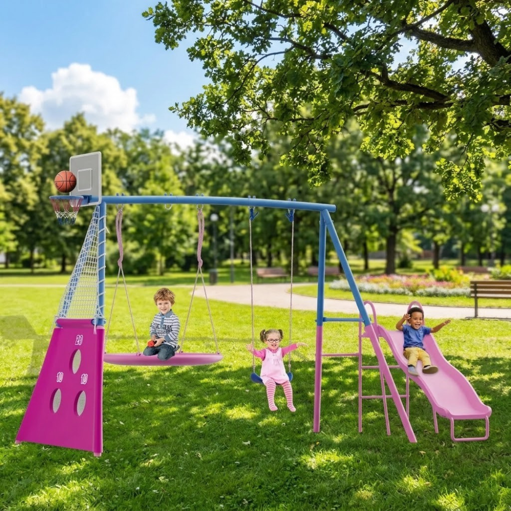 5 In 1 Heavy Duty Outdoor Swing Sets With Slides And Basketball Hoop