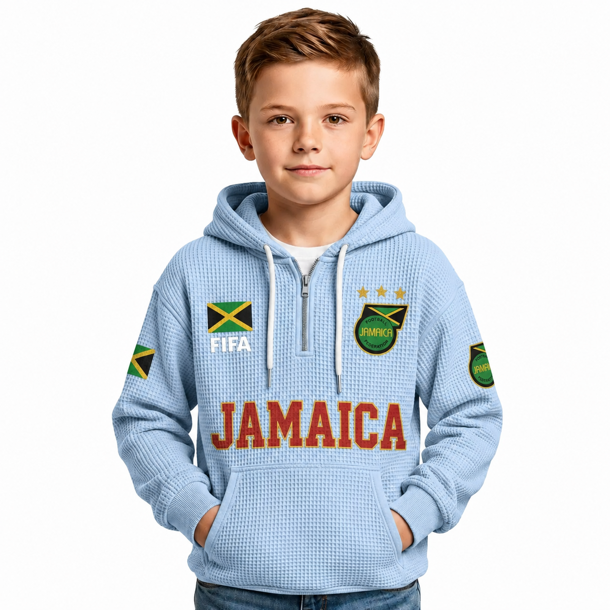FIFA 2026 Jamaica Printed Waffle Quarter Zip Kids Football Fan Hoodie