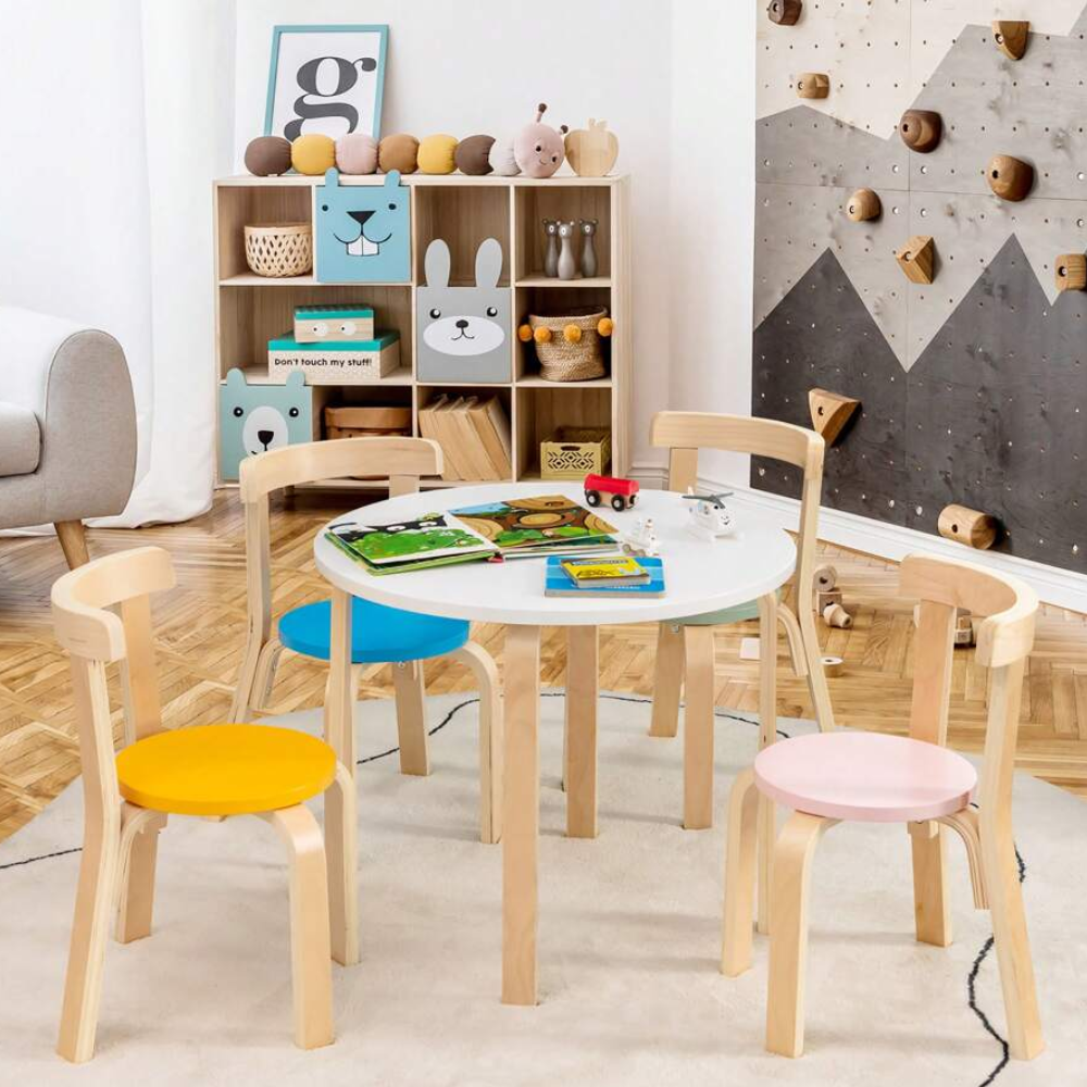 5 Piece Kids Wooden Curved Activity Table And Chair Set