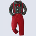 Baby Boys Plaid Shirt With Bow Tie And Suspender Pants 2 Piece Set