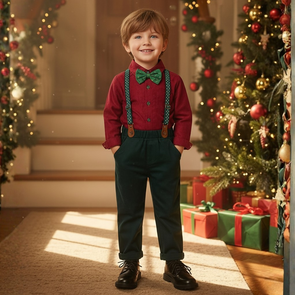 Baby Boys 2 Piece Of Christmas Long Sleeve Front Button Shirt With Bow Tie And Pants