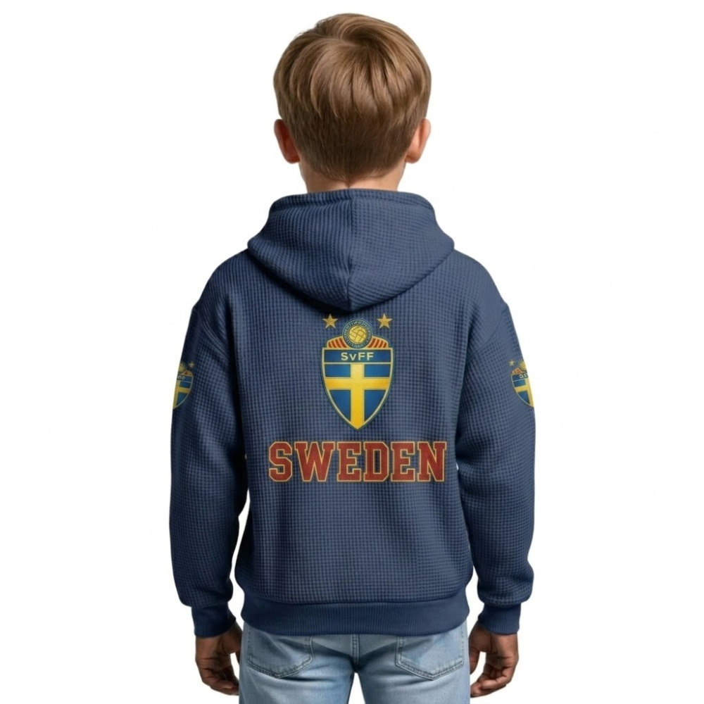 FIFA 2026 Sweden Printed Waffle Quarter Zip Kids Football Fan Hoodie