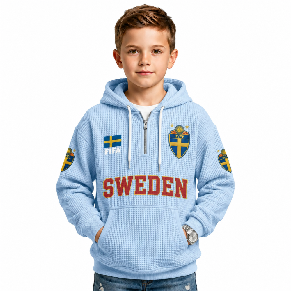 FIFA 2026 Sweden Printed Waffle Quarter Zip Kids Football Fan Hoodie