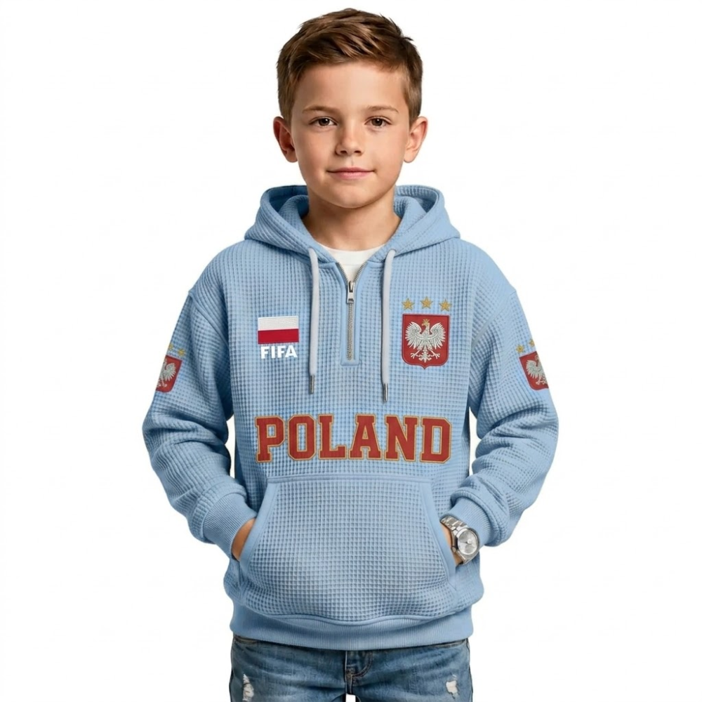 FIFA 2026 Poland Printed Waffle Quarter Zip Kids Football Fan Hoodie