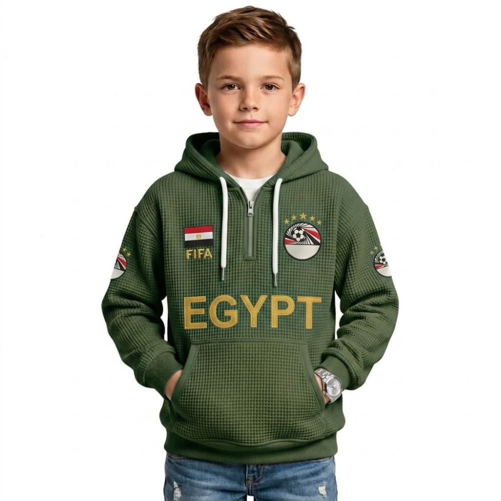 FIFA 2026 Egypt Printed Waffle Quarter Zip Kids Football Fan Hoodie