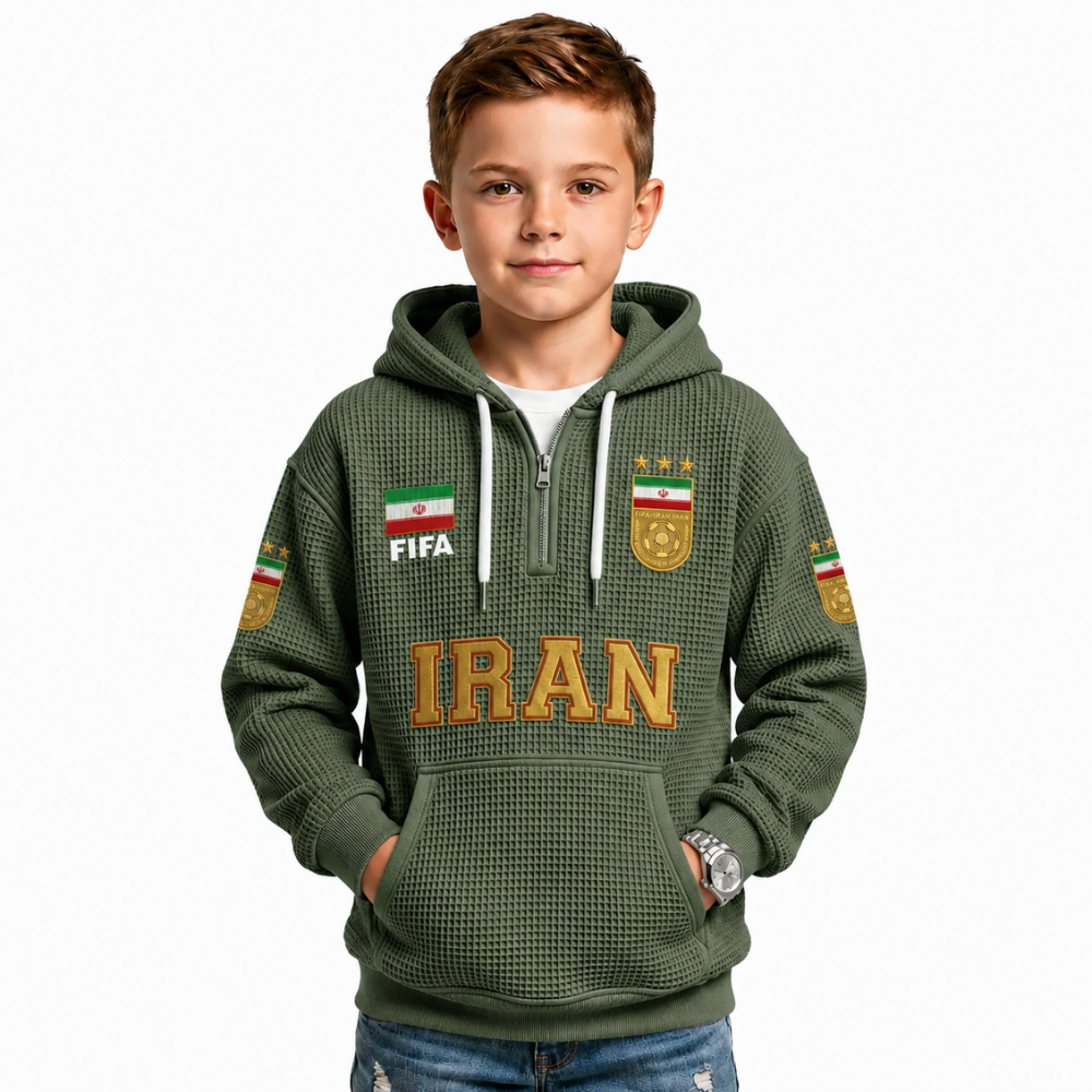 FIFA 2026 Iran Printed Waffle Quarter Zip Kids Football Fan Hoodie