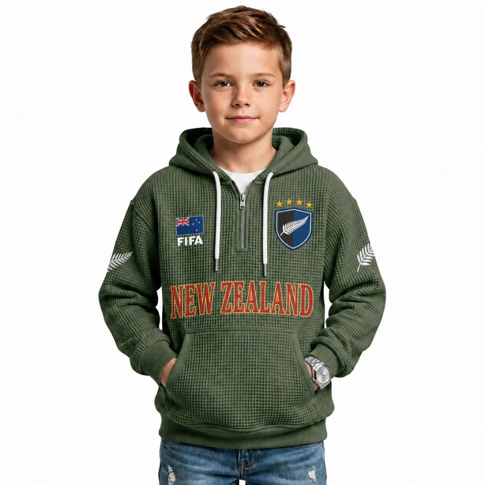 FIFA 2026 New Zealand Printed Waffle Quarter Zip Kids Football Fan Hoodie
