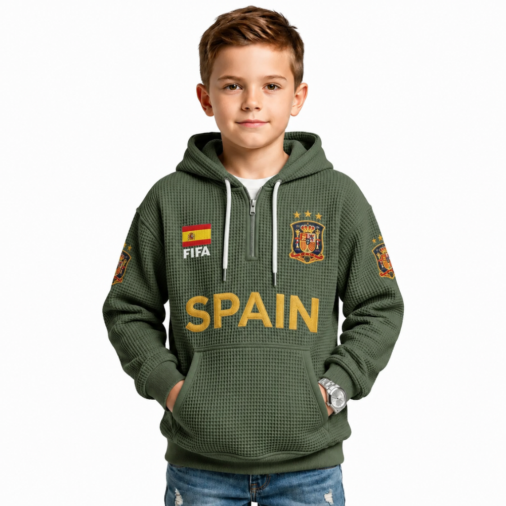 FIFA 2026 Spain Printed Waffle Quarter Zip Kids Football Fan Hoodie