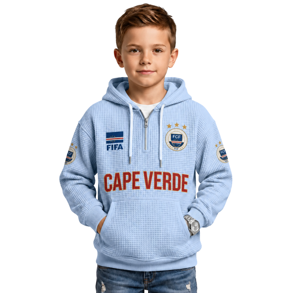 FIFA 2026 Cape Verde Printed Waffle Quarter Zip Kids Football Fan Hoodie