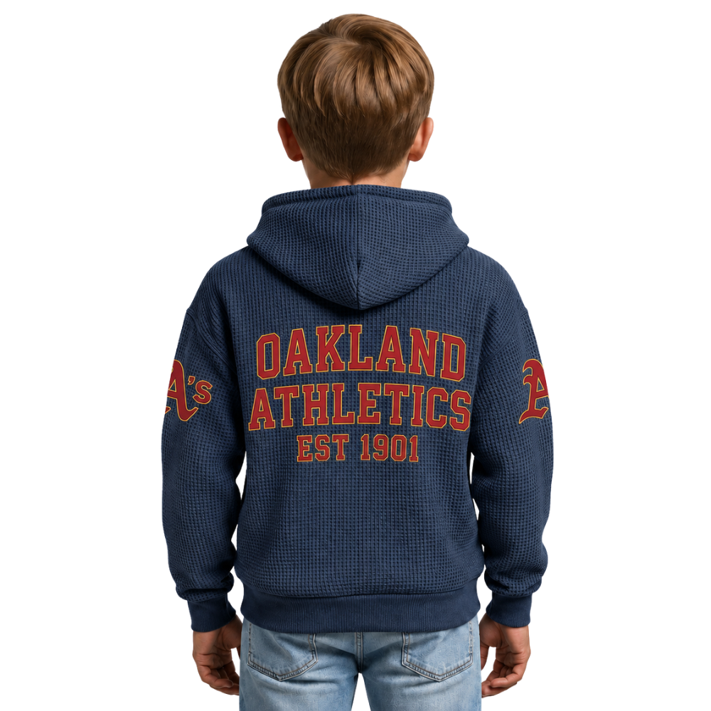 Oakland Athletics EST 1901 Kids Baseball Fan Printed Waffle Quarter Zip Hoodie
