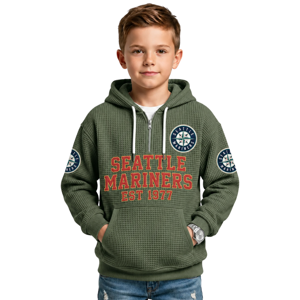 Seattle Mariners EST 1977 Kids Baseball Fan Printed Waffle Quarter Zip Hoodie
