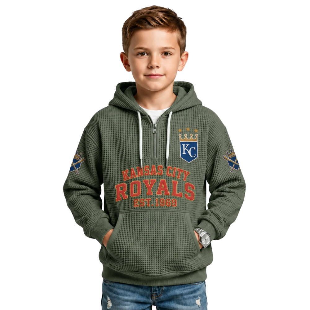 Kansas City Royals EST 1969 Kids Baseball Fan Printed Waffle Quarter Zip Hoodie