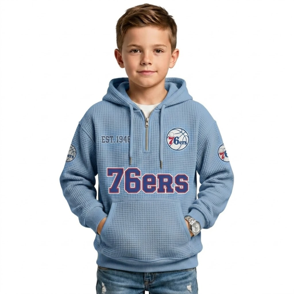 Philadelphia 76ers EST 1946 Kids Baseball Fan Printed Waffle Quarter Zip Hoodie