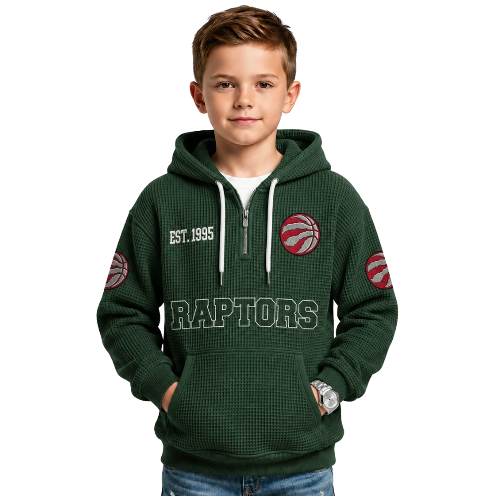 Toronto Raptors EST 1995 Kids Baseball Fan Printed Waffle Quarter Zip Hoodie