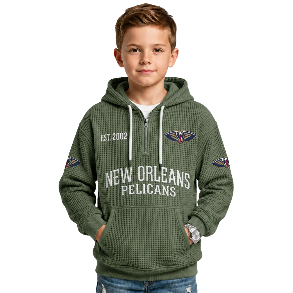 New Orleans Pelicans EST 2002 Kids Baseball Fan Printed Waffle Quarter Zip Hoodie
