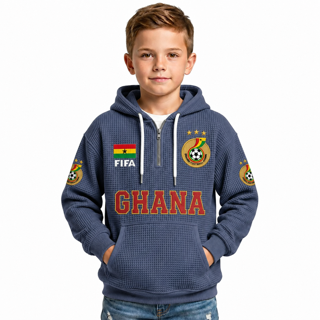 FIFA 2026 Ghana Printed Waffle Quarter Zip Kids Football Fan Hoodie