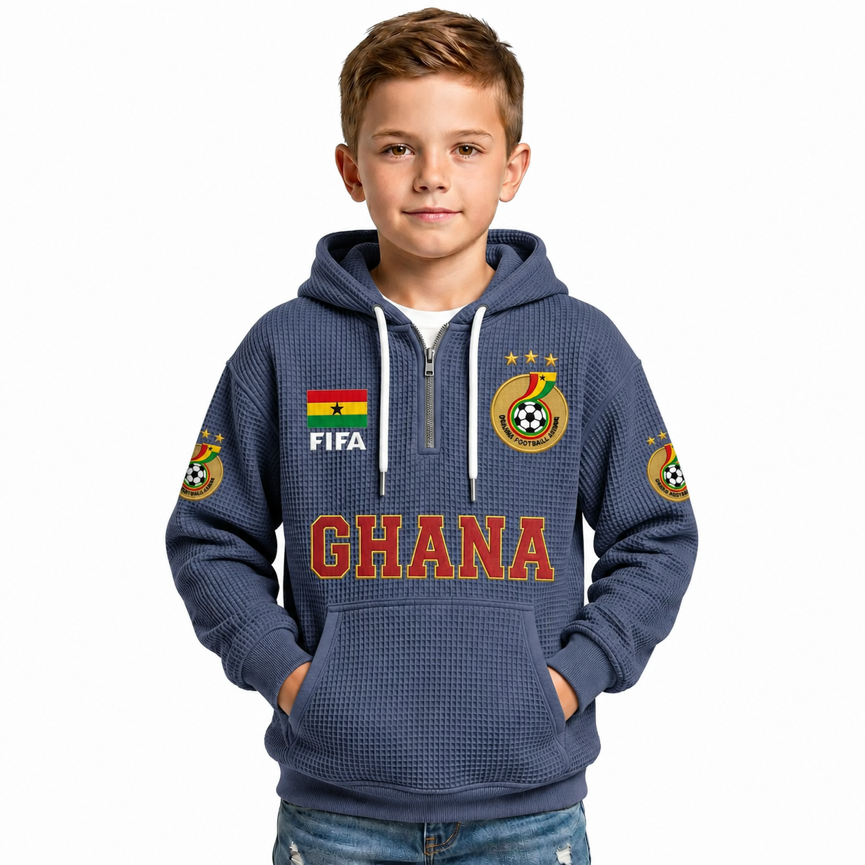 FIFA 2026 Ghana Printed Waffle Quarter Zip Kids Football Fan Hoodie