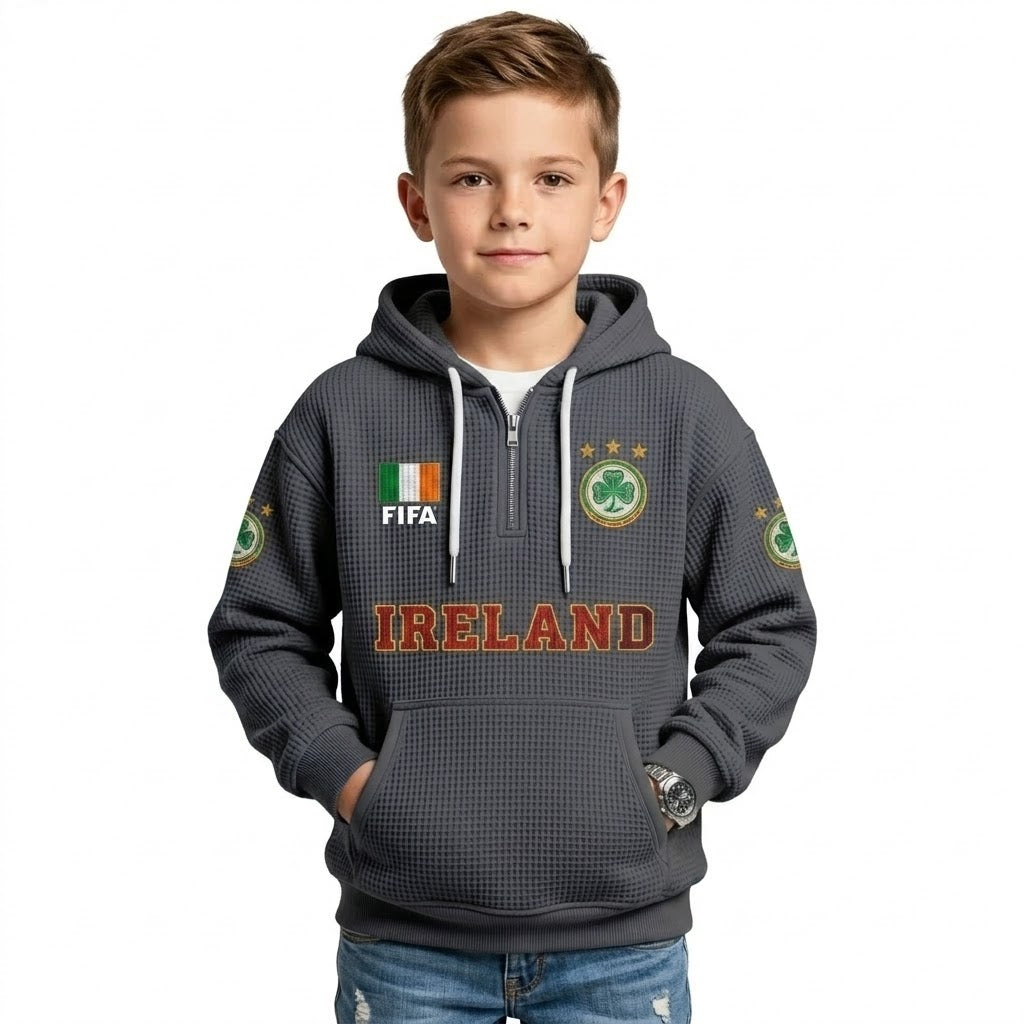 FIFA 2026 Ireland Printed Waffle Quarter Zip Kids Football Fan Hoodie