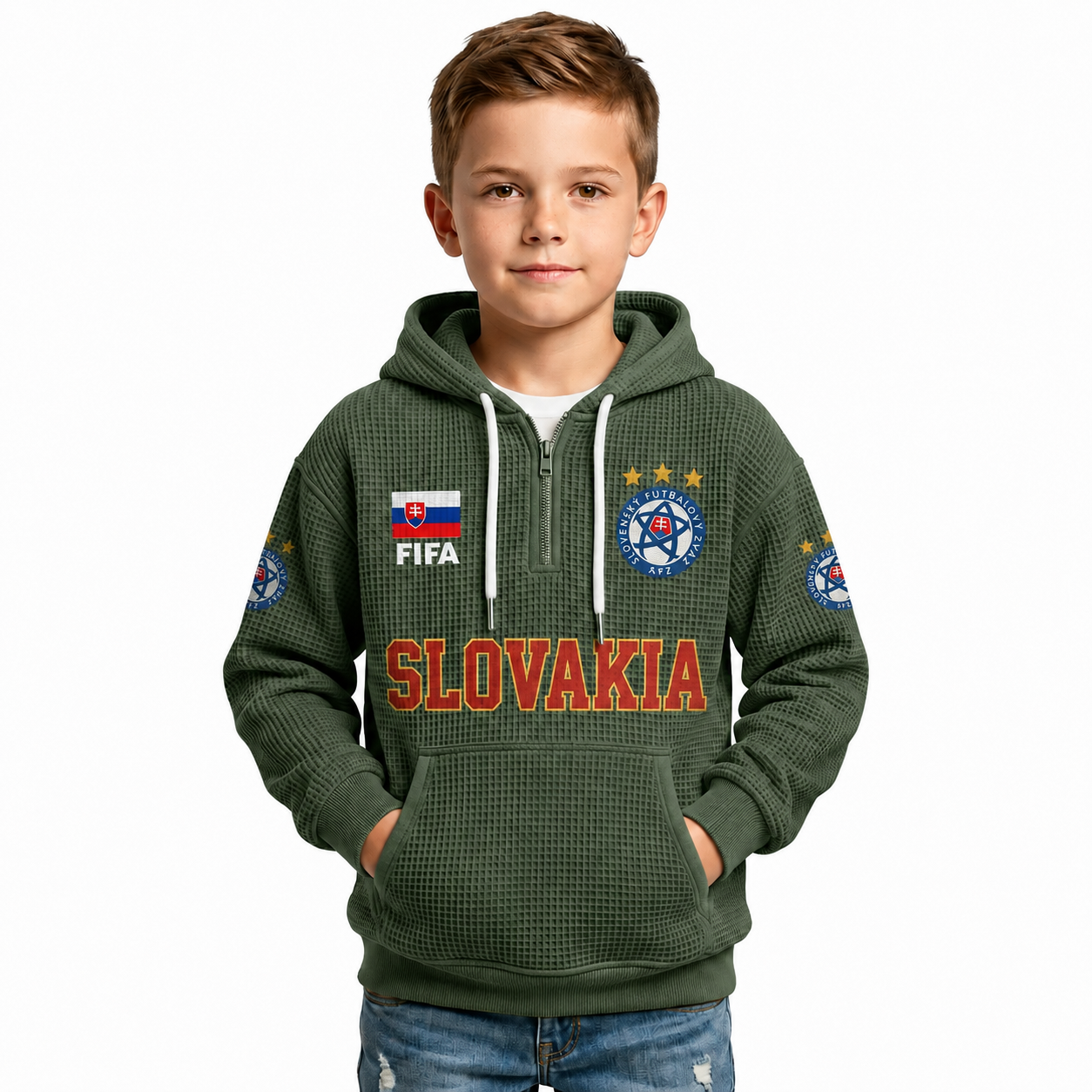 FIFA 2026 Slovakia Printed Waffle Quarter Zip Kids Football Fan Hoodie