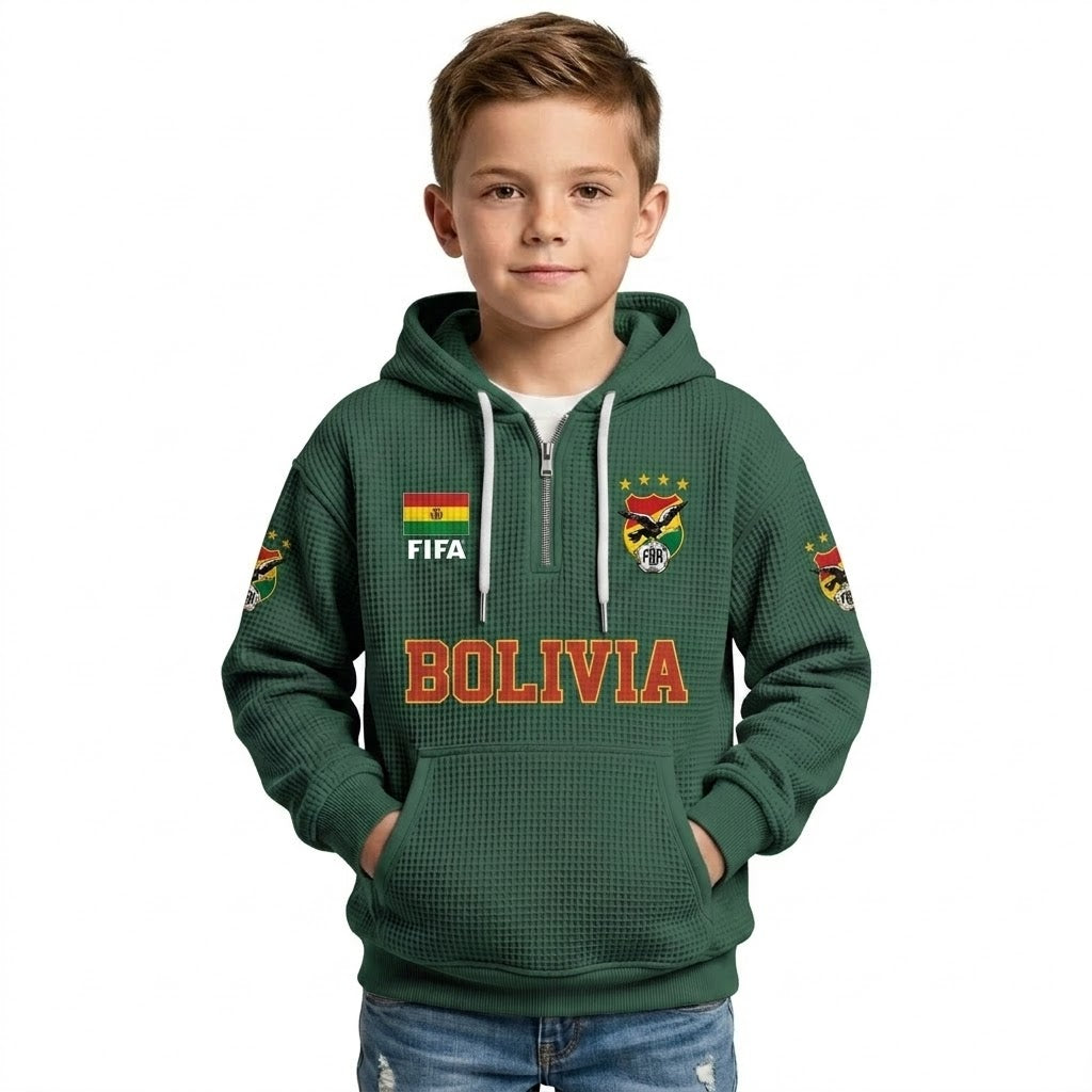 FIFA 2026 Bolivia Printed Waffle Quarter Zip Kids Football Fan Hoodie