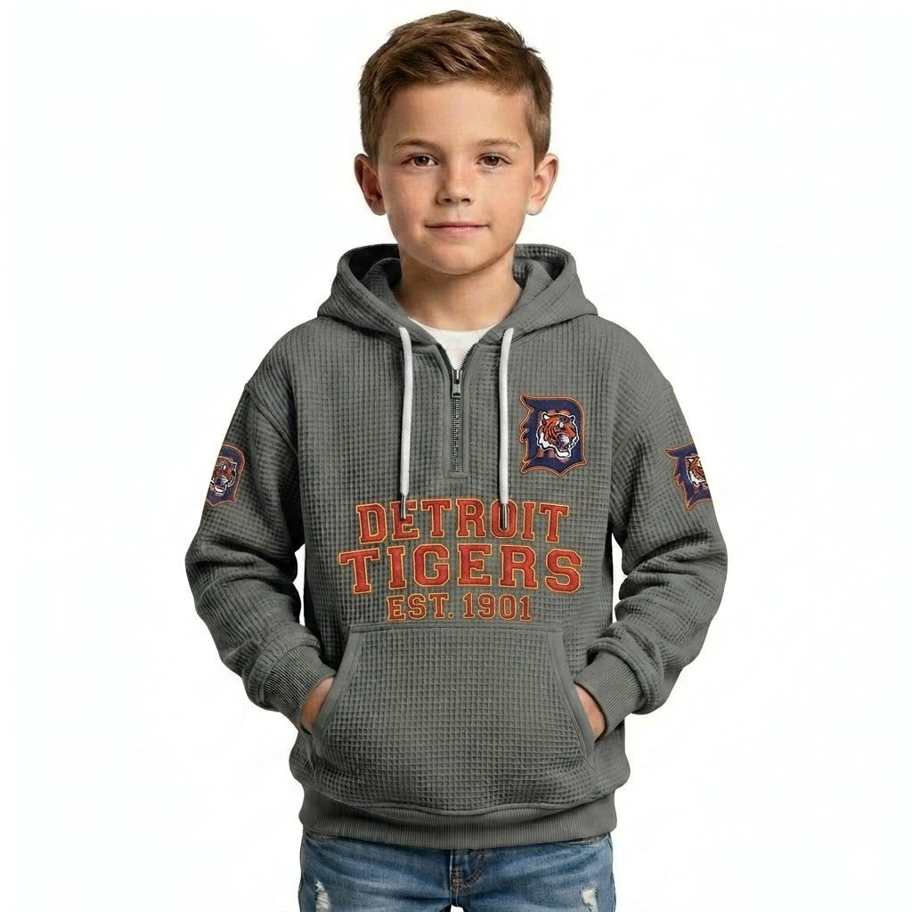 Detroit Tigers EST 1901 Kids Baseball Fan Printed Waffle Quarter Zip Hoodie