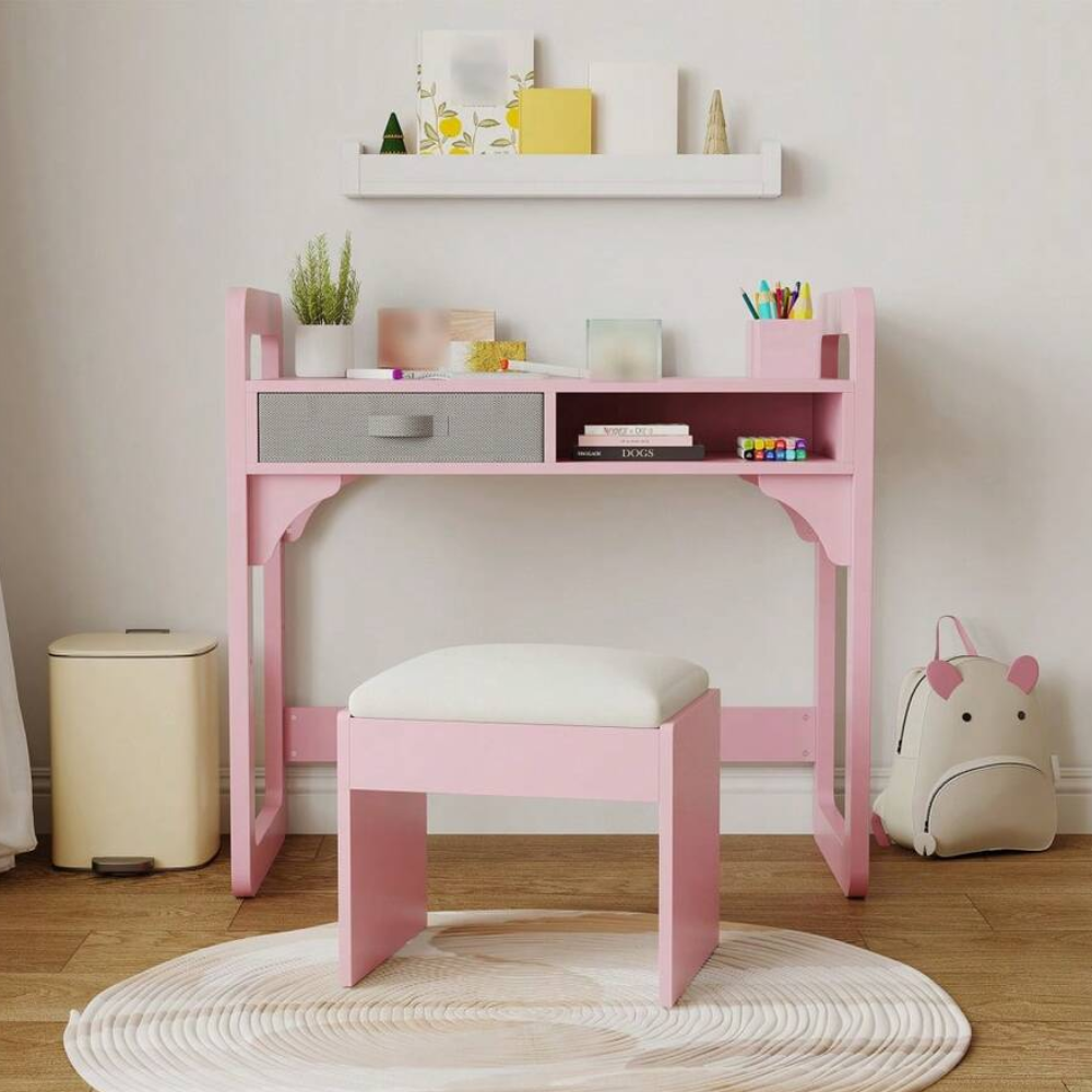 Kids Study Desk And Chair Set With Storage Drawer With Soft Stool